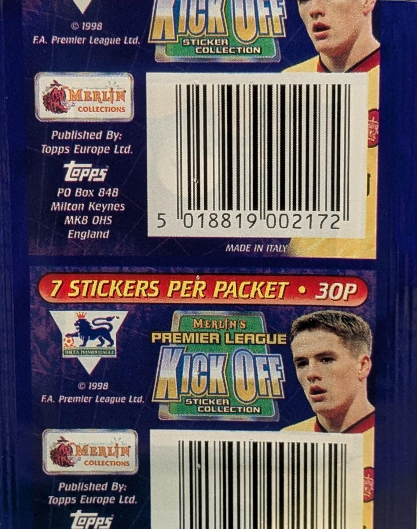 1998/99 Merlin Kick Off Sealed Sticker Pack – Beckham, Bergkamp, Ginola, Owen & Premier League Legends