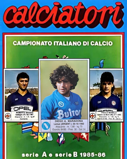 Panini Edis Calciatori 1985/86 with Roberto Baggio Rookie Mistake Sticker and Diego Maradona