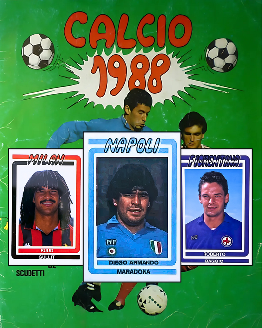 Soccer card collection from Calcio 1988 with player images and text on a green background