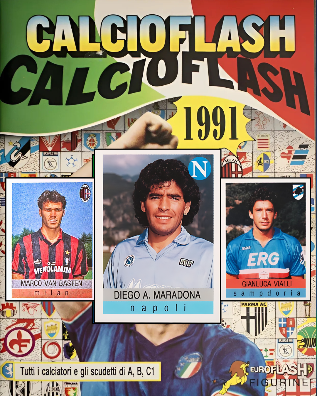 Calciol Flash 1991 soccer sticker collection with player images and text.