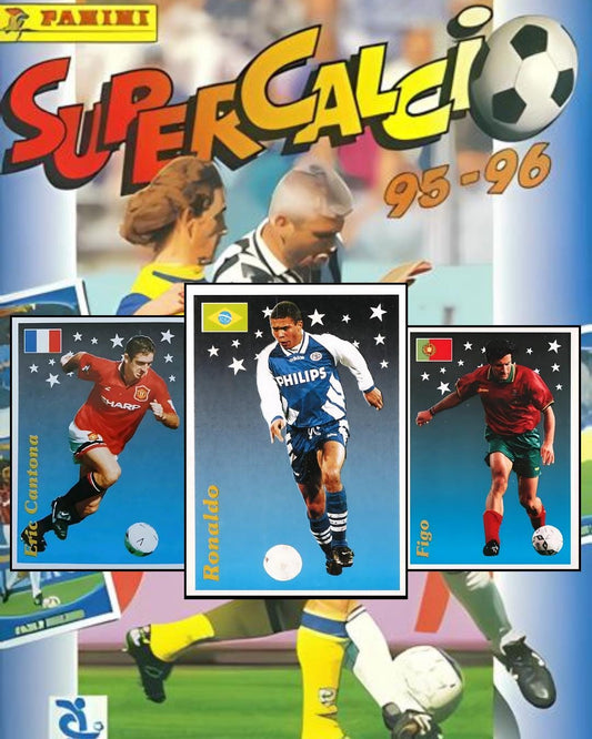 Panini Supercalci 95-96 soccer trading card album cover with players and Panini logo.