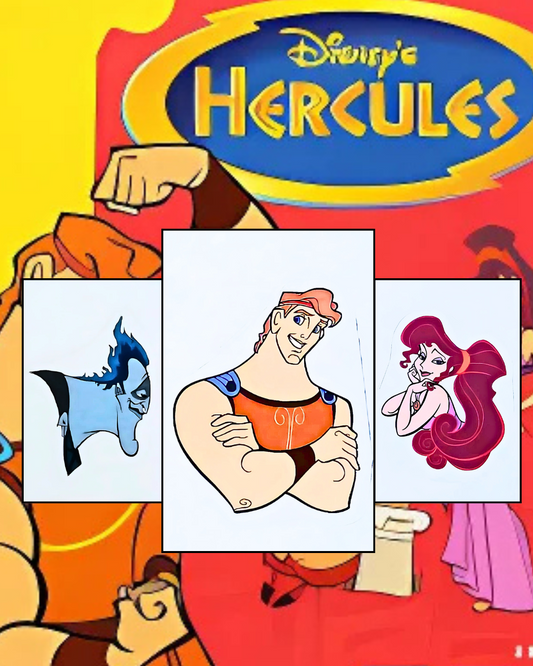 Promotional poster for Disney's 'Hercules' featuring Hercules, Megara, and Hades.