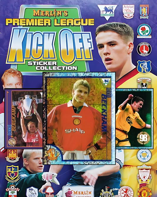 Merlin's Premier League Kick Off sticker collection packaging with soccer players and logos.
