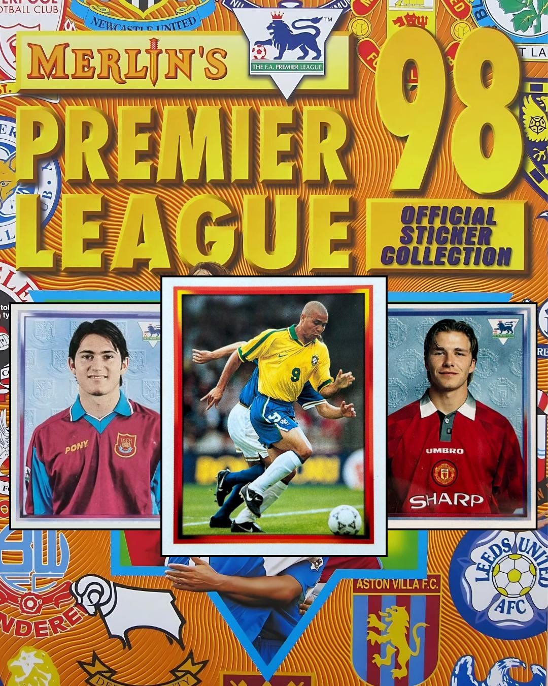 Merlin's Premier League 98 sticker collection with player images and team logos.