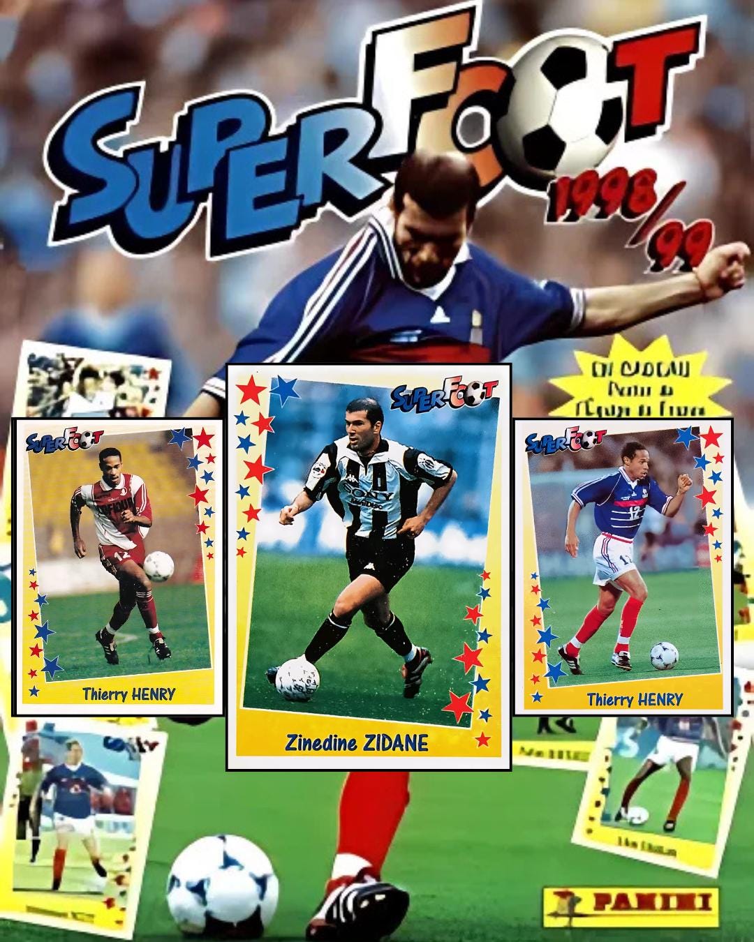 Soccer trading card pack with player images and 'Super Foot' branding
