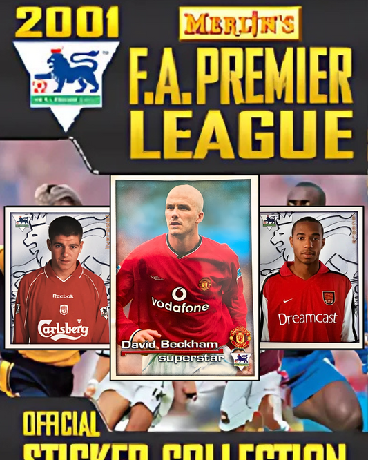 Promotional image for Merlin's F.A. Premier League sticker collection featuring players and branding from 2001.