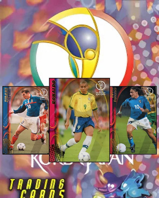 2002 World Cup Trading card pack with soccer player cards on a colorful background