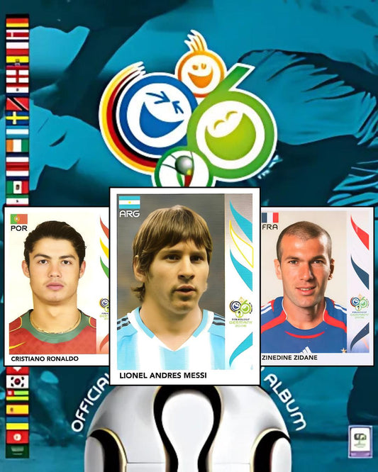 World Cup 2006 soccer sticker album with player cards featuring Cristiano Ronaldo rookie, Lionel Messi rookie and Zinedine Zidane on a blue background.