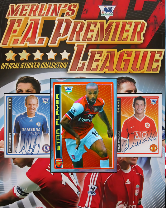Merlin's F.A. Premier League sticker collection with player cards and branding.