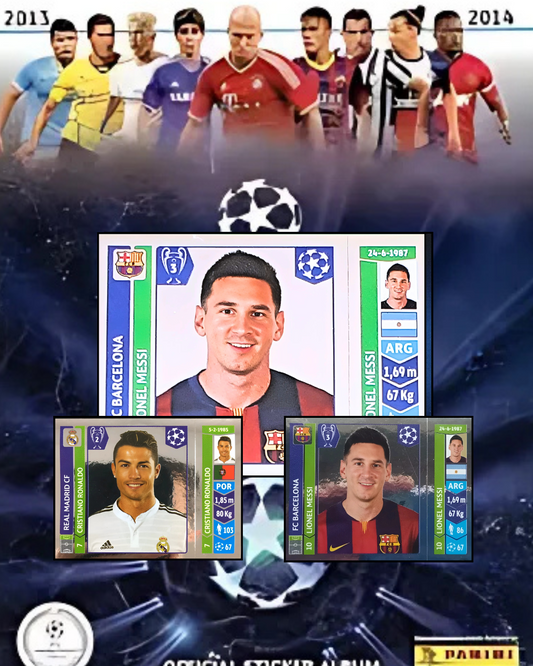Collection of soccer player trading cards with a focus on Lionel Messi and Cristiano Ronaldo, set against a sports-themed background.