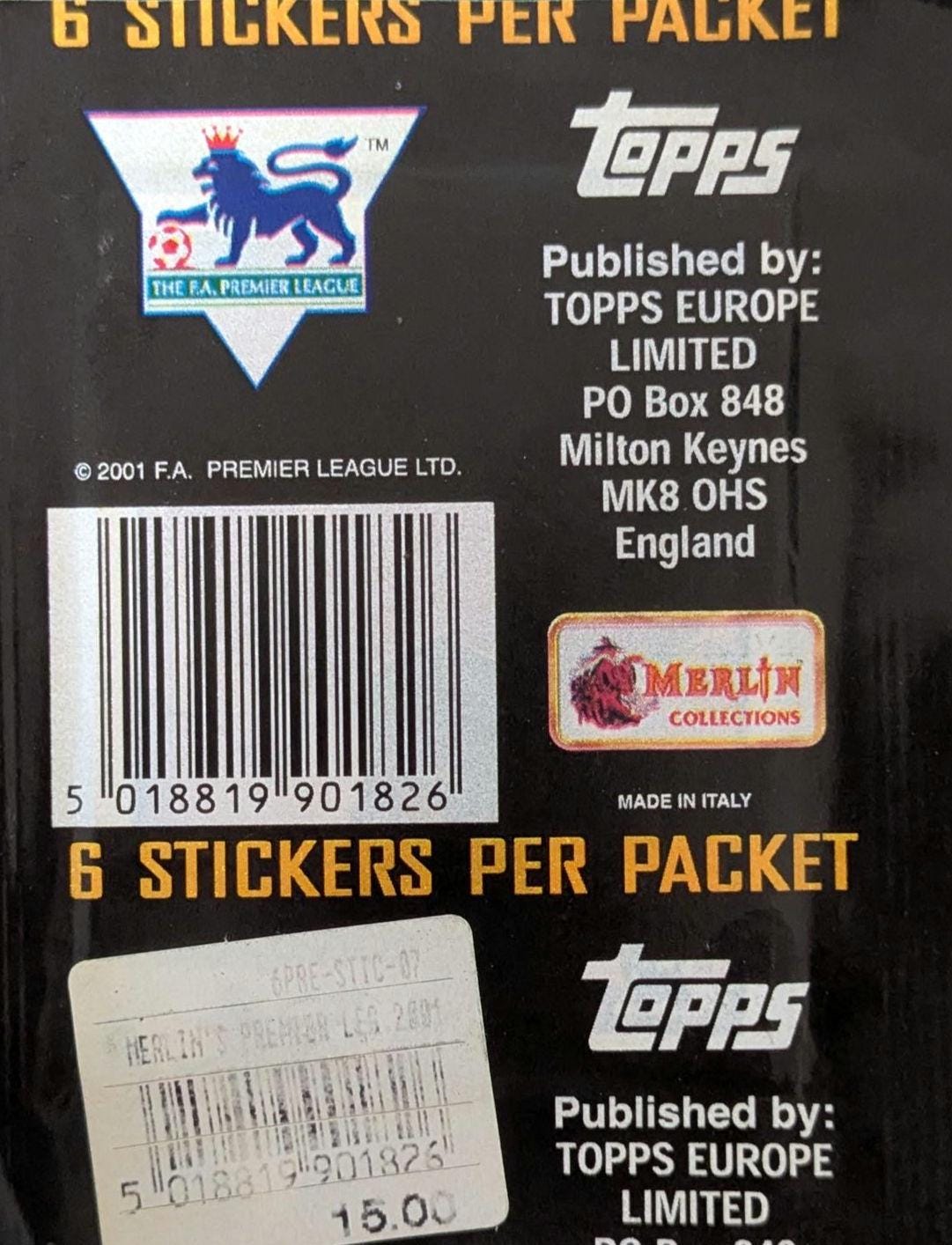 2001 Premier League Sealed Sticker Pack – Steven Gerrard, David Beckham, Henry & more Premier League Greats