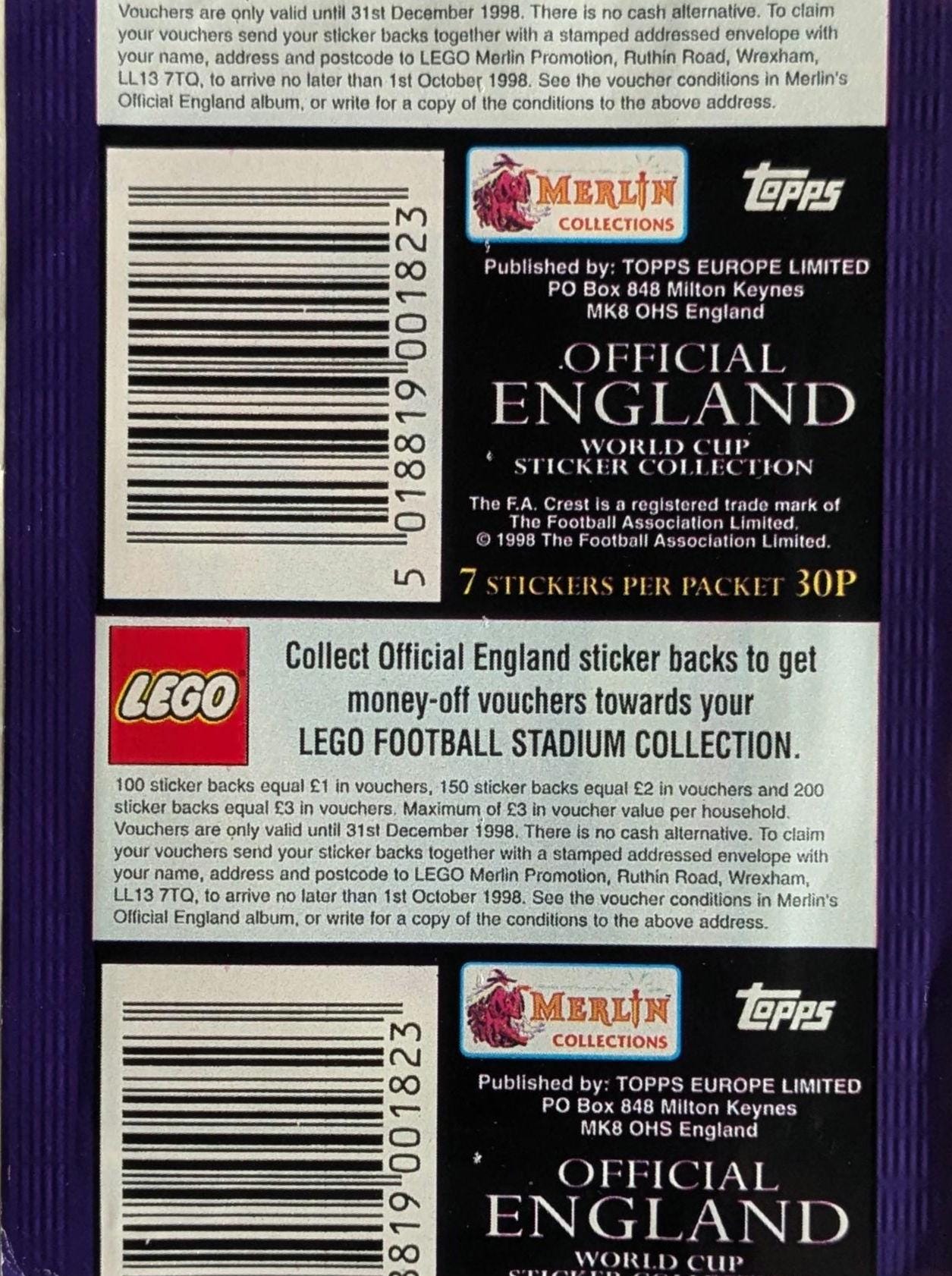 1998 Merlin England & World Cup Legends Sealed Sticker Pack – Beckham Rookie, Ronaldo & More