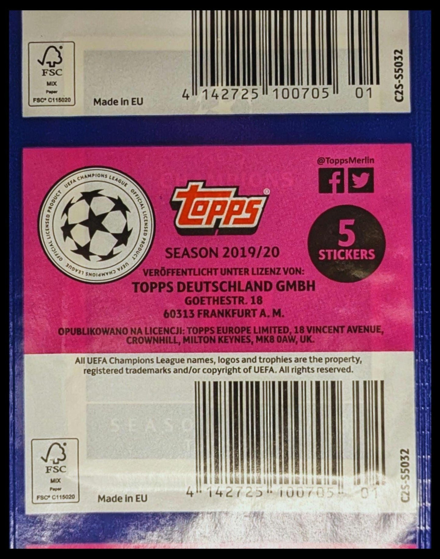 2019/20 Topps Champions League Sealed Football Sticker Pack