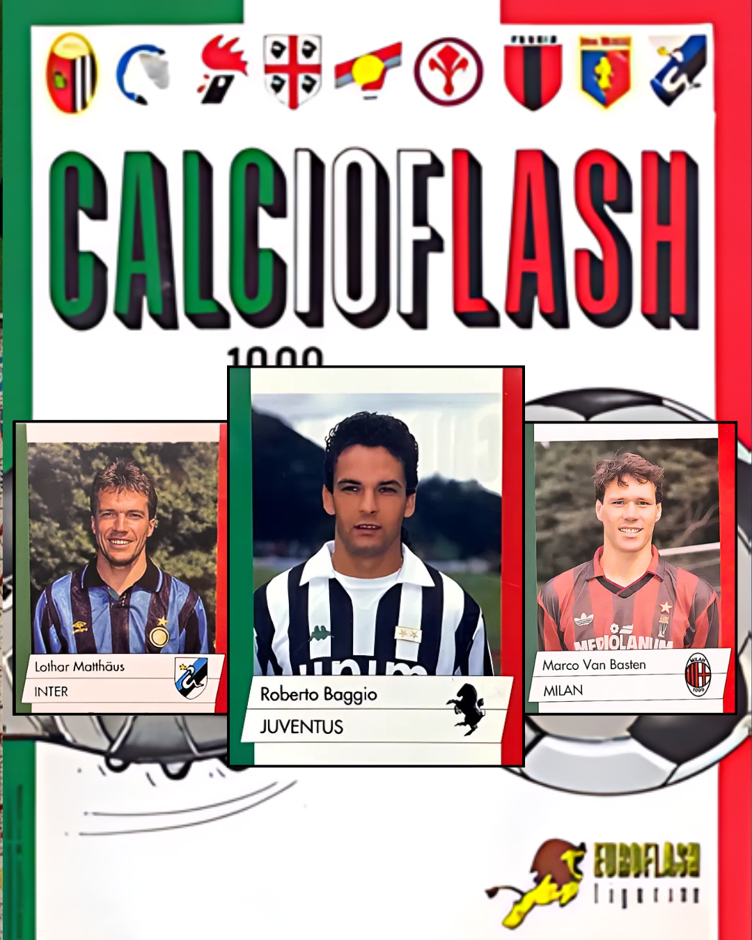Cover of 'Calcio Flash' with football player stickers and logos