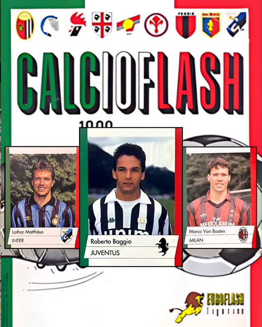 Cover of 'Calcio Flash' with football player stickers and logos