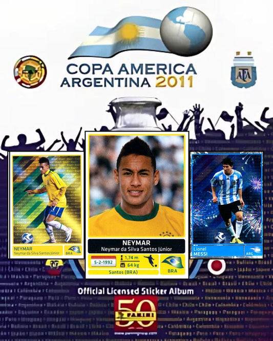 Copa America Argentina 2011 sticker album with Neymar and Lionel Messi images.