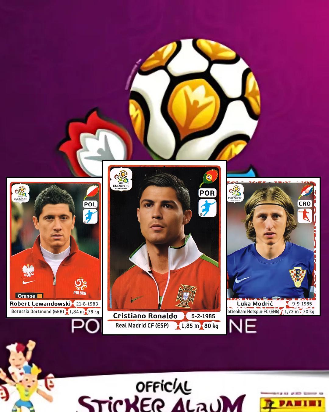 Soccer-themed album with player stickers and a soccer ball on a purple background