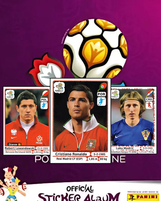 Soccer-themed album with player stickers and a soccer ball on a purple background