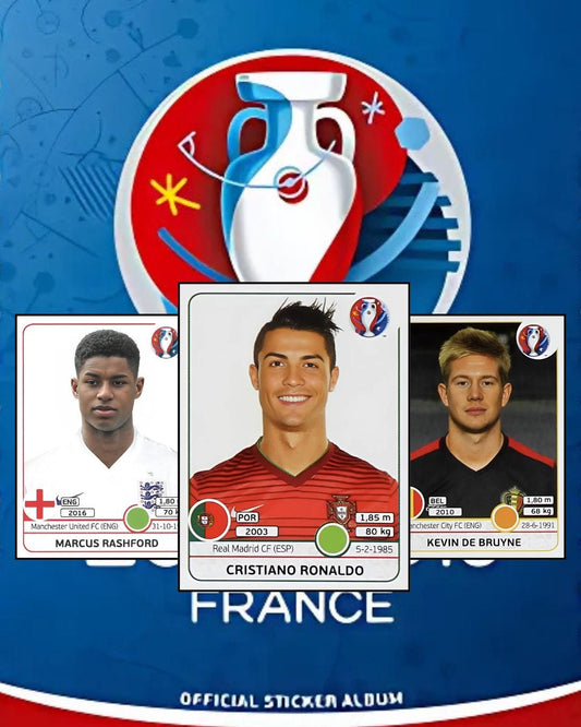 Official sticker album cover featuring soccer players with a prominent logo on a blue background