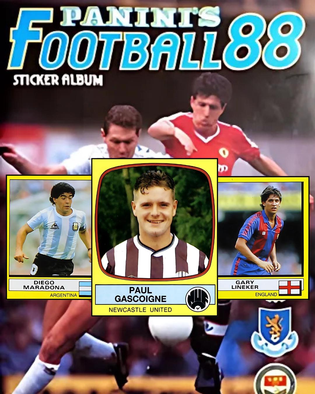 Panini's Football 88 sticker album cover with soccer players and a prominent card of Paul Gascoigne.
