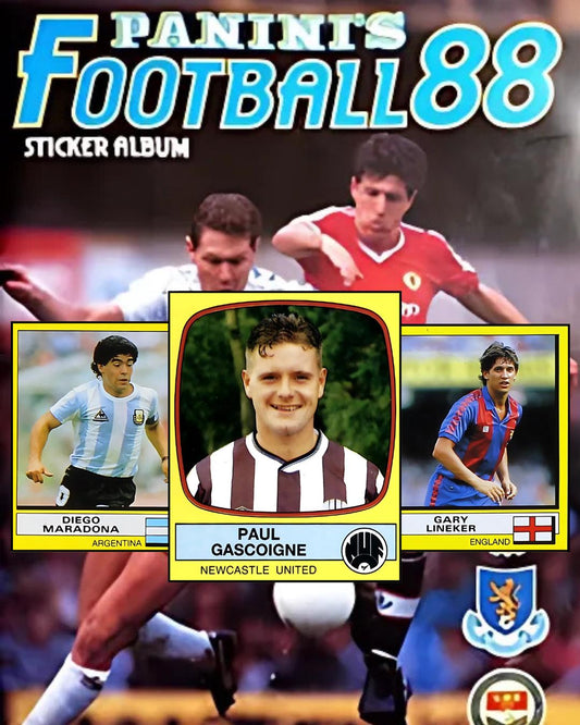 Panini's Football 88 sticker album cover with soccer players and a prominent card of Paul Gascoigne.