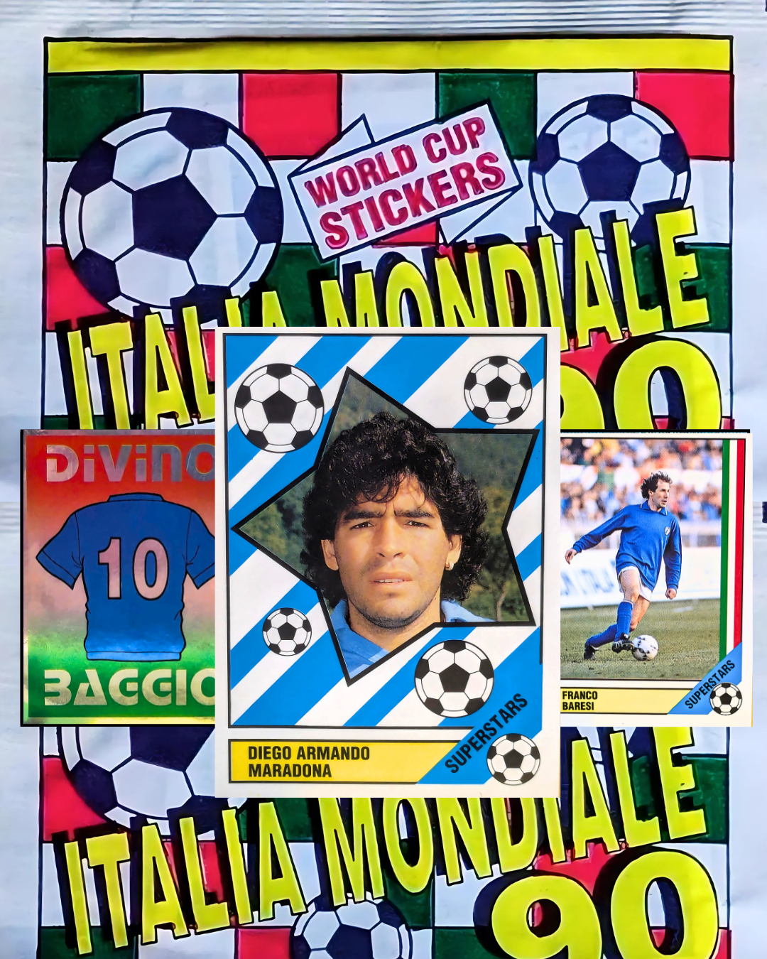 Vintage soccer trading card featuring Diego Armando Maradona with colorful border and text.