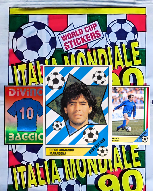 Vintage soccer trading card featuring Diego Armando Maradona with colorful border and text.