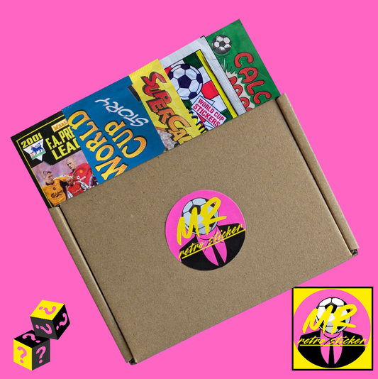 Collection of vintage soccer stickers in a cardboard box with a pink background